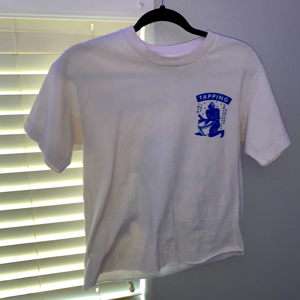 basic white tee w/ blue lettering-